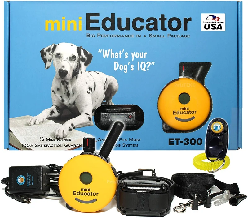 Paquete de 2 artículos – E-Collar – ET-300-1/2 Mile remoto impermeable entrenador Mini Educador – estático, vibración y sonido estimulación collar con PetsTEK perro entrenamiento Clicker Kit de entrenamiento, Básico