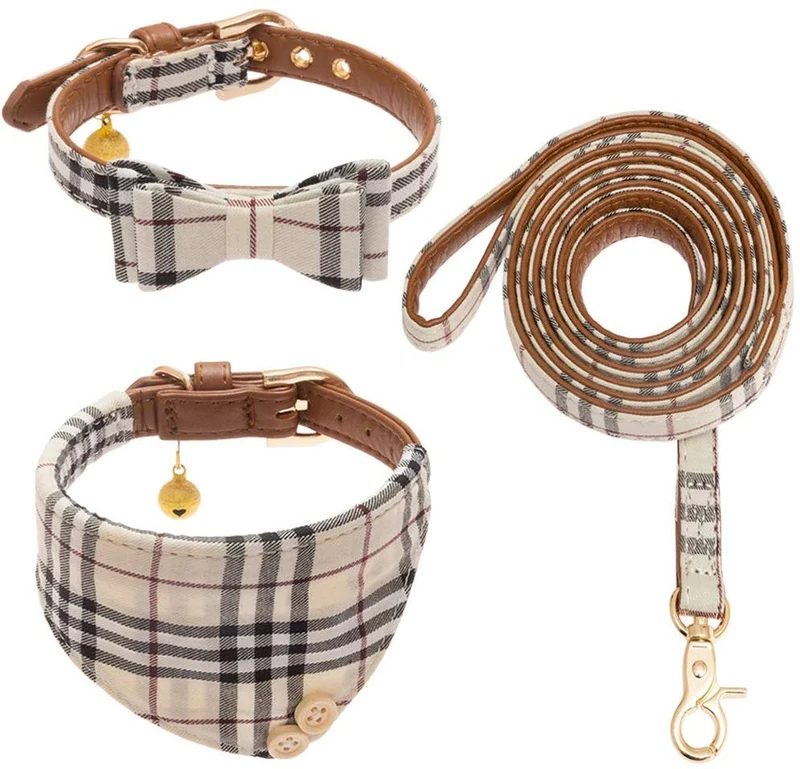Cherpet - Juego de collar y correa para perro, diseño de bandana a cuadros, ajustable, de cuero, para perros pequeños, con campana, de seguridad, al aire libre, suave algodón, cómodo para cachorros y gatos, 3 unidades