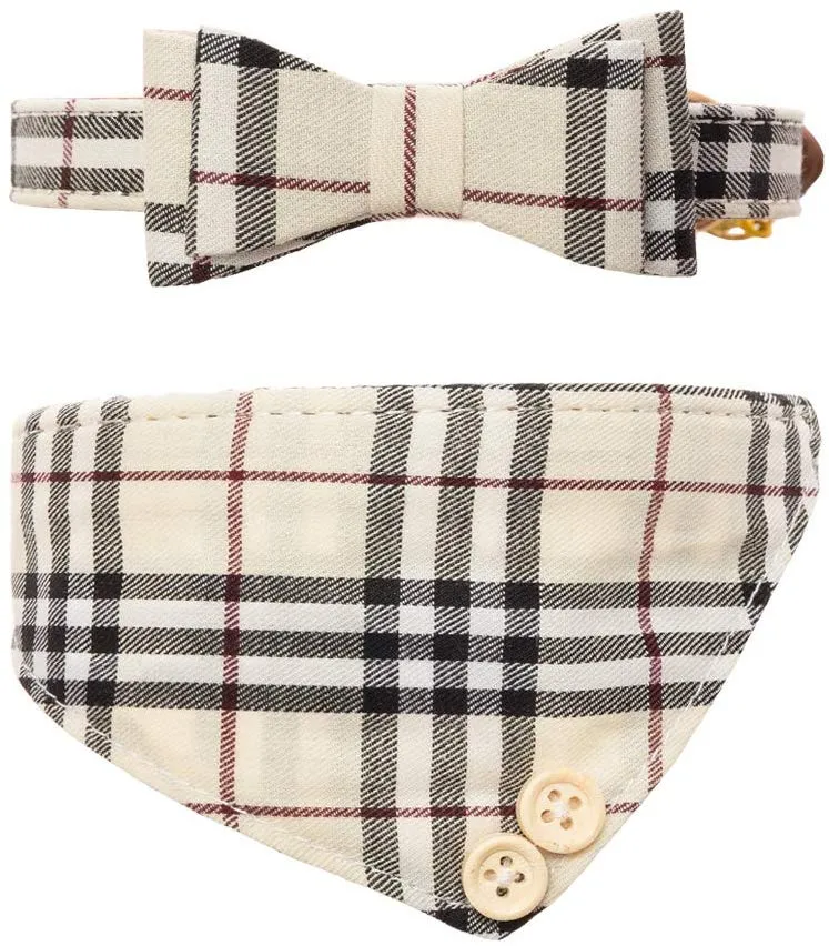 Cherpet - Juego de collar y correa para perro, diseño de bandana a cuadros, ajustable, de cuero, para perros pequeños, con campana, de seguridad, al aire libre, suave algodón, cómodo para cachorros y gatos, 3 unidades