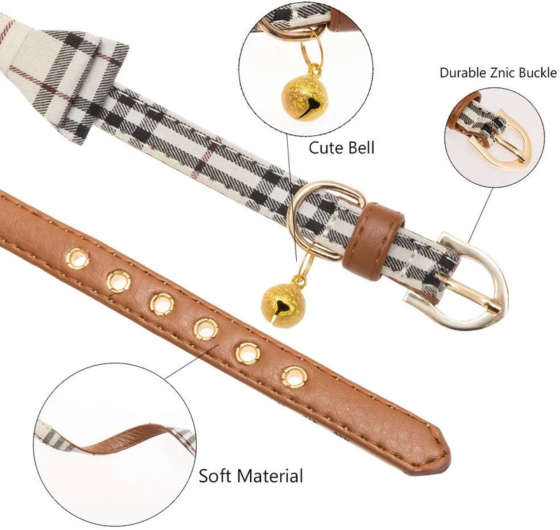 Cherpet - Juego de collar y correa para perro, diseño de bandana a cuadros, ajustable, de cuero, para perros pequeños, con campana, de seguridad, al aire libre, suave algodón, cómodo para cachorros y gatos, 3 unidades
