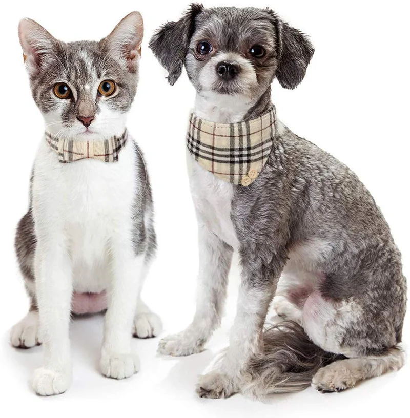 Cherpet - Juego de collar y correa para perro, diseño de bandana a cuadros, ajustable, de cuero, para perros pequeños, con campana, de seguridad, al aire libre, suave algodón, cómodo para cachorros y gatos, 3 unidades