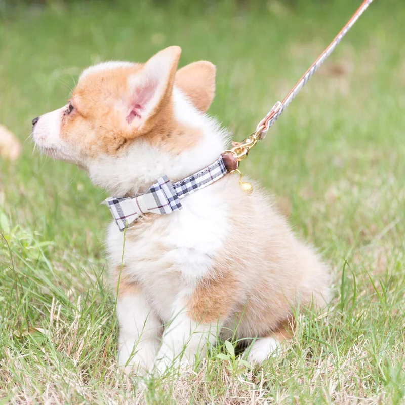 Cherpet - Juego de collar y correa para perro, diseño de bandana a cuadros, ajustable, de cuero, para perros pequeños, con campana, de seguridad, al aire libre, suave algodón, cómodo para cachorros y gatos, 3 unidades