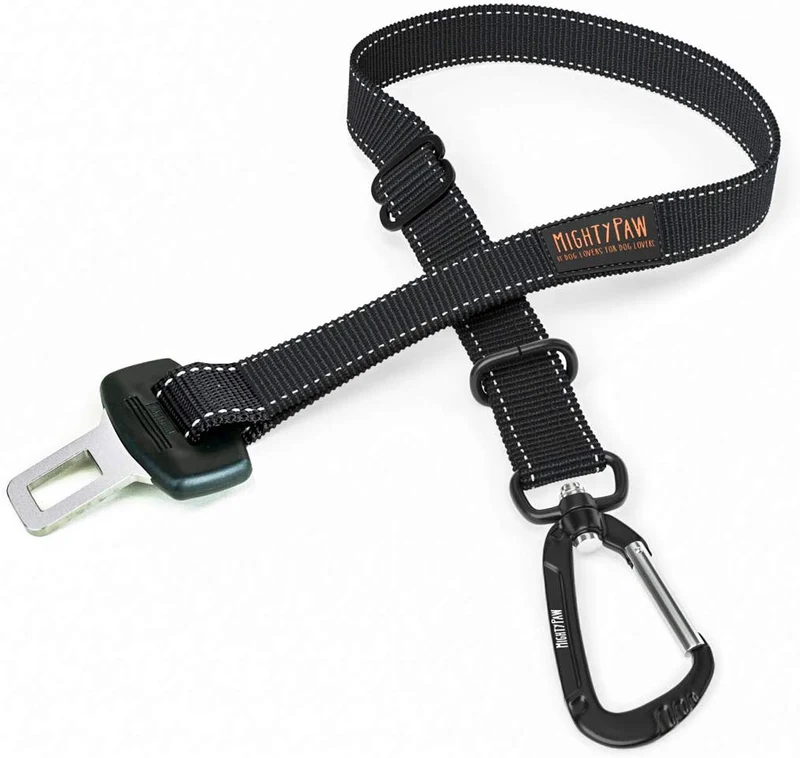 Cinturón de seguridad para perro de la marca Mighty Paw | Cinturón de seguridad para mascotas, creado con material de cinturón de seguridad humano. Hardware de metal con correa de longitud ajustable. Supera los estándares de seguridad para perros. Mantén