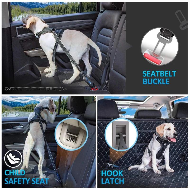 IOKHEIRA Cinturón de seguridad para perro, 3 en 1, ajustable, para mascotas, perros, gatos, coche, cinturón de seguridad de tela de nailon resistente, arnés de cinturón de seguridad para vehículos para viajes y uso diario