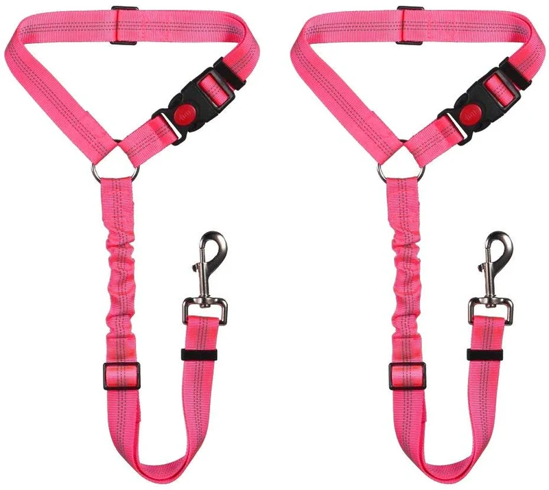 SlowTon Cinturón de seguridad para perro, 2 unidades, cinturón de seguridad para mascotas, cinturón de seguridad ajustable para cachorro, cinturón de seguridad reflectante elástico elástico para conectar arnés de perro en el vehículo de viaje, uso diario