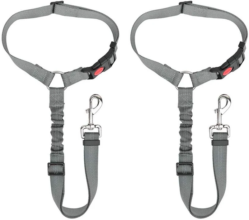 SlowTon Cinturón de seguridad para perro, 2 unidades, cinturón de seguridad para mascotas, cinturón de seguridad ajustable para cachorro, cinturón de seguridad reflectante elástico elástico para conectar arnés de perro en el vehículo de viaje, uso diario