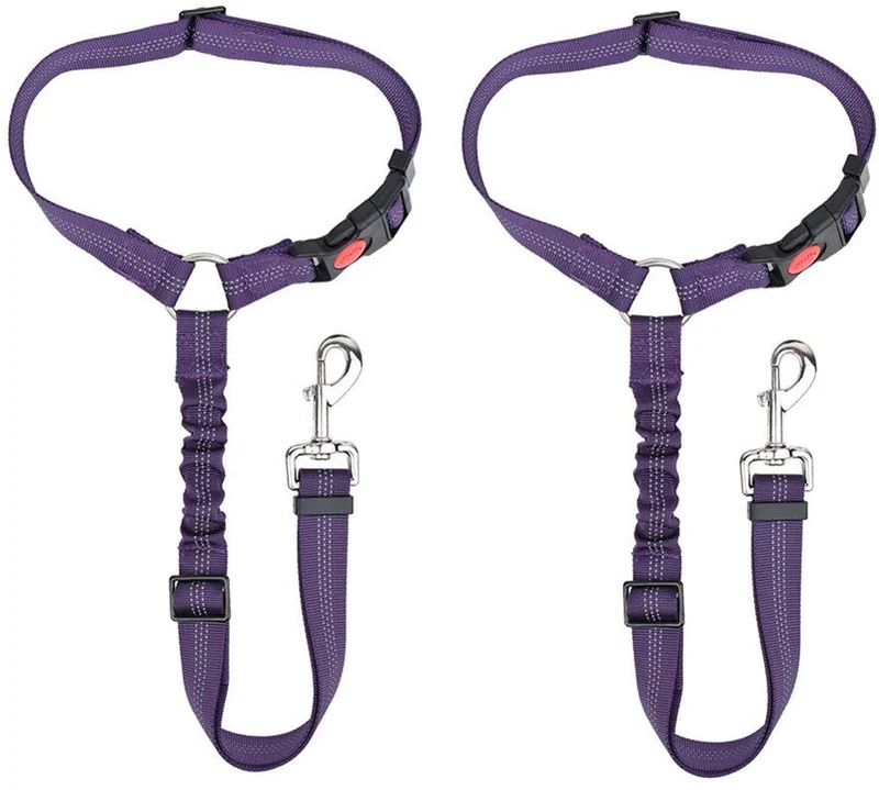 SlowTon Cinturón de seguridad para perro, 2 unidades, cinturón de seguridad para mascotas, cinturón de seguridad ajustable para cachorro, cinturón de seguridad reflectante elástico elástico para conectar arnés de perro en el vehículo de viaje, uso diario