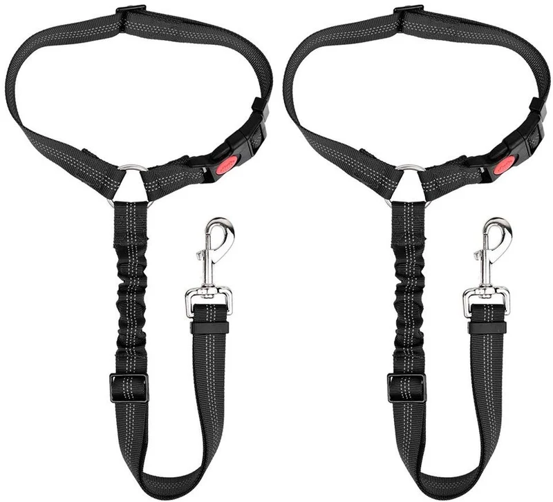 SlowTon Cinturón de seguridad para perro, 2 unidades, cinturón de seguridad para mascotas, cinturón de seguridad ajustable para cachorro, cinturón de seguridad reflectante elástico elástico para conectar arnés de perro en el vehículo de viaje, uso diario