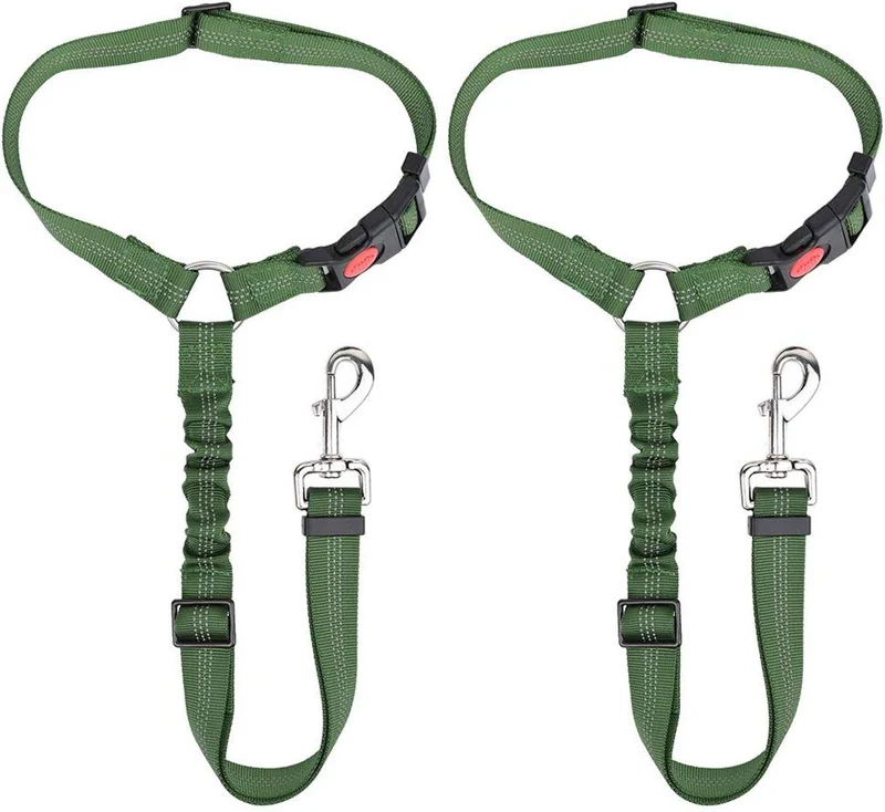 SlowTon Cinturón de seguridad para perro, 2 unidades, cinturón de seguridad para mascotas, cinturón de seguridad ajustable para cachorro, cinturón de seguridad reflectante elástico elástico para conectar arnés de perro en el vehículo de viaje, uso diario
