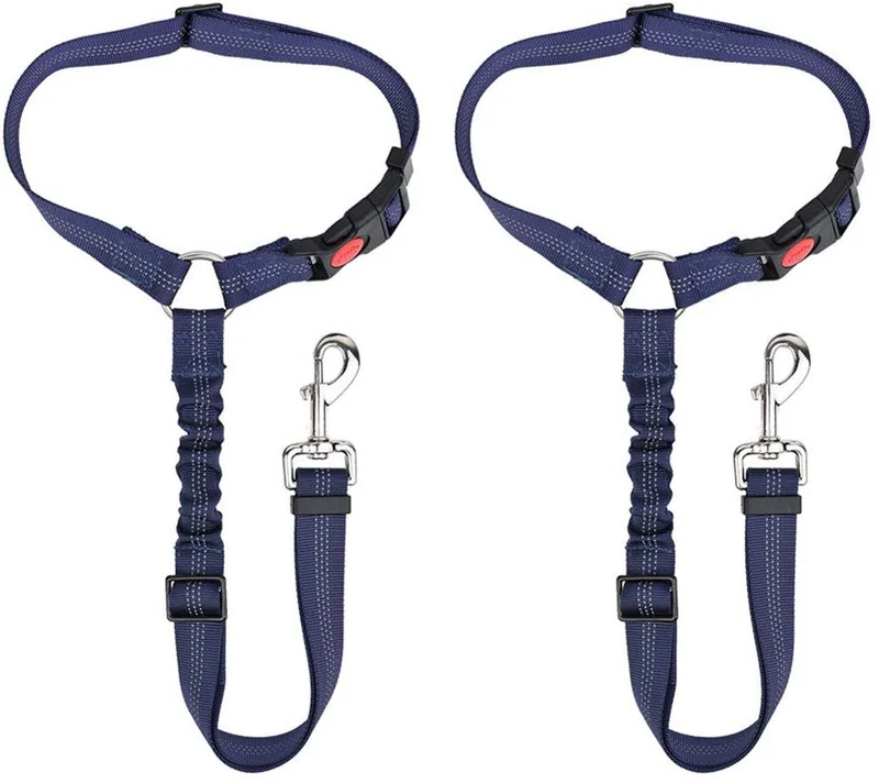 SlowTon Cinturón de seguridad para perro, 2 unidades, cinturón de seguridad para mascotas, cinturón de seguridad ajustable para cachorro, cinturón de seguridad reflectante elástico elástico para conectar arnés de perro en el vehículo de viaje, uso diario