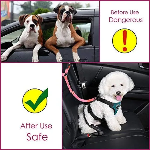 SlowTon Cinturón de seguridad para perro, 2 unidades, cinturón de seguridad para mascotas, cinturón de seguridad ajustable para cachorro, cinturón de seguridad reflectante elástico elástico para conectar arnés de perro en el vehículo de viaje, uso diario
