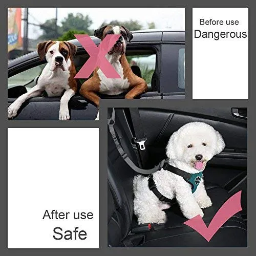 SlowTon Cinturón de seguridad para perro, 2 unidades, cinturón de seguridad para mascotas, cinturón de seguridad ajustable para cachorro, cinturón de seguridad reflectante elástico elástico para conectar arnés de perro en el vehículo de viaje, uso diario