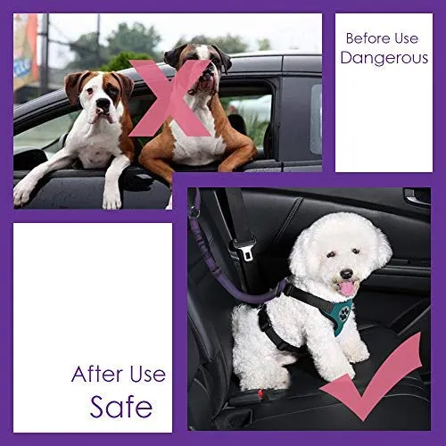 SlowTon Cinturón de seguridad para perro, 2 unidades, cinturón de seguridad para mascotas, cinturón de seguridad ajustable para cachorro, cinturón de seguridad reflectante elástico elástico para conectar arnés de perro en el vehículo de viaje, uso diario