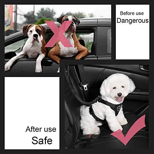 SlowTon Cinturón de seguridad para perro, 2 unidades, cinturón de seguridad para mascotas, cinturón de seguridad ajustable para cachorro, cinturón de seguridad reflectante elástico elástico para conectar arnés de perro en el vehículo de viaje, uso diario