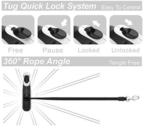 TUG Patented 360° Tangle-Free, Heavy Duty Retractable Dog Leash with Anti-Slip Handle; 16 ft Strong Nylon Tape/Ribbon; One-Handed Brake, Pause, Lock