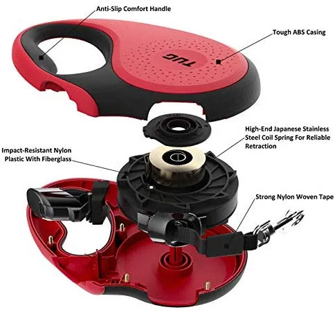 TUG Patented 360° Tangle-Free, Heavy Duty Retractable Dog Leash with Anti-Slip Handle; 16 ft Strong Nylon Tape/Ribbon; One-Handed Brake, Pause, Lock