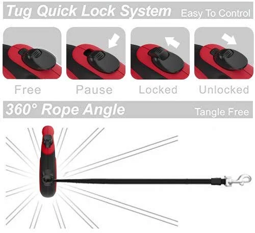 TUG Patented 360° Tangle-Free, Heavy Duty Retractable Dog Leash with Anti-Slip Handle; 16 ft Strong Nylon Tape/Ribbon; One-Handed Brake, Pause, Lock
