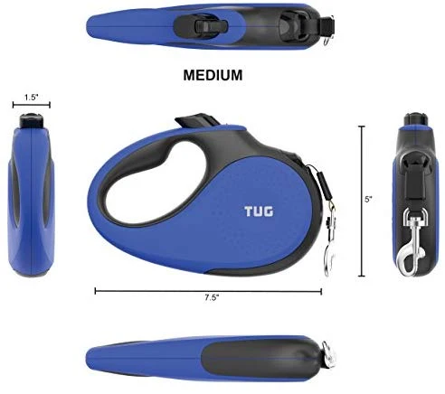 TUG Patented 360° Tangle-Free, Heavy Duty Retractable Dog Leash with Anti-Slip Handle; 16 ft Strong Nylon Tape/Ribbon; One-Handed Brake, Pause, Lock
