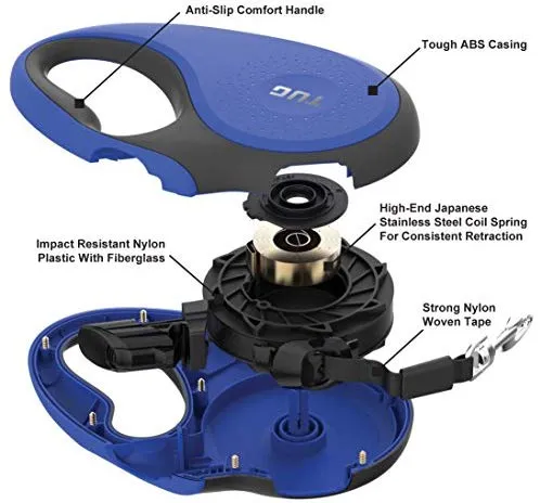 TUG Patented 360° Tangle-Free, Heavy Duty Retractable Dog Leash with Anti-Slip Handle; 16 ft Strong Nylon Tape/Ribbon; One-Handed Brake, Pause, Lock