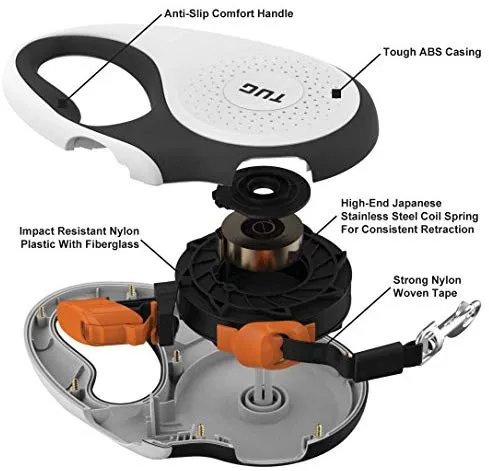 TUG Patented 360° Tangle-Free, Heavy Duty Retractable Dog Leash with Anti-Slip Handle; 16 ft Strong Nylon Tape/Ribbon; One-Handed Brake, Pause, Lock