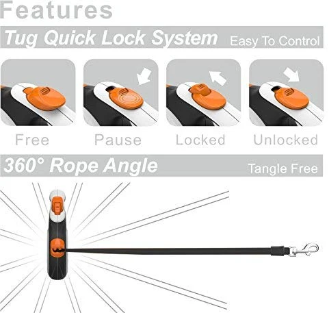 TUG Patented 360° Tangle-Free, Heavy Duty Retractable Dog Leash with Anti-Slip Handle; 16 ft Strong Nylon Tape/Ribbon; One-Handed Brake, Pause, Lock