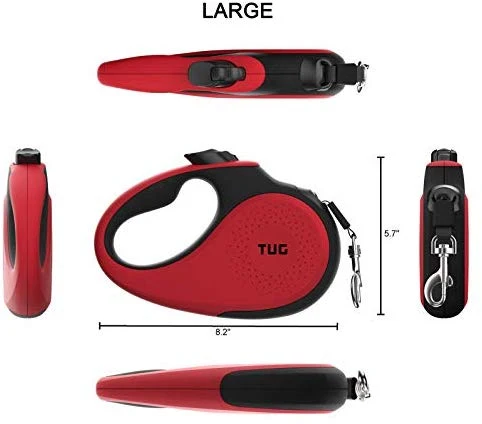 TUG Patented 360° Tangle-Free, Heavy Duty Retractable Dog Leash with Anti-Slip Handle; 16 ft Strong Nylon Tape/Ribbon; One-Handed Brake, Pause, Lock