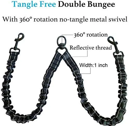 iYoShop Dual Dog Leash, Double Dog Leash, 360 Swivel No Tangle Double Dog Walking Training Leash, Comfortable Shock Absorbing Reflective Bungee for Two Dogs, Black, Medium Large