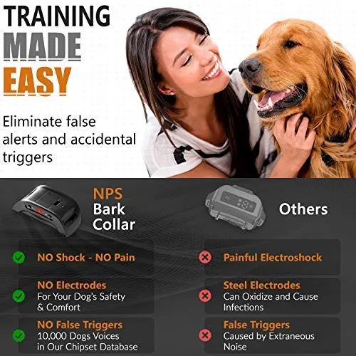 NPS No Shock Bark Collar for Small to Large Dogs - Smart Chip Adjusts to Stop Barking in 1 Minute - Highly Effective Vibration and Sound Stops Barks Fast with No Pain - Safe, Anti-Bark Device