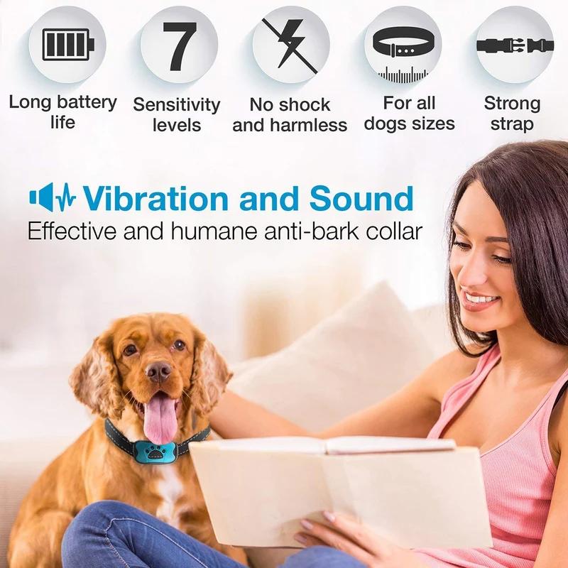 DogRook - Collar de corteza humano, sin choque, acción sin control remoto, modos de vibración y cuidado del sonido, para razas de perros pequeñas, medianas y grandes, sin daño, control de vibración reflectante