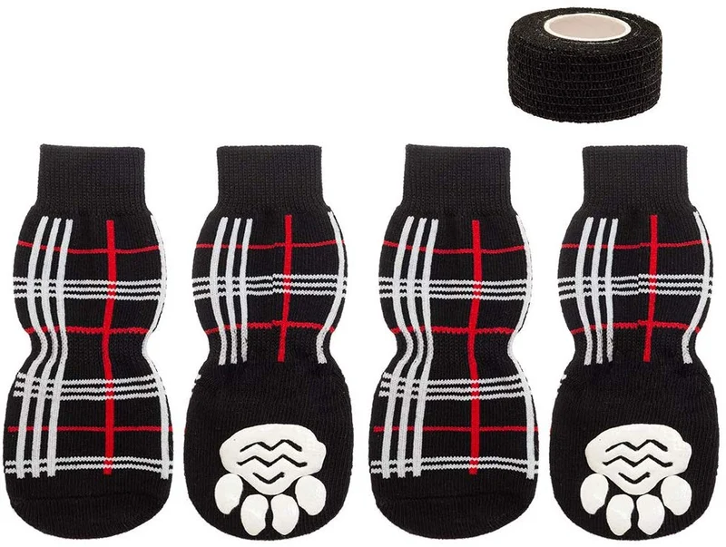 JIATECCO Calcetines antideslizantes para perro, protección ajustable a cuadros para cachorros de tracción en el suelo de madera dura