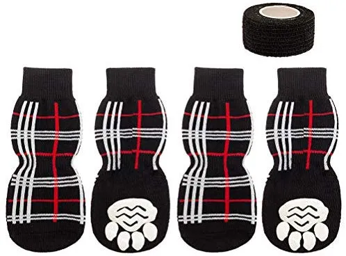 JIATECCO Calcetines antideslizantes para perro, protección ajustable a cuadros para cachorros de tracción en el suelo de madera dura
