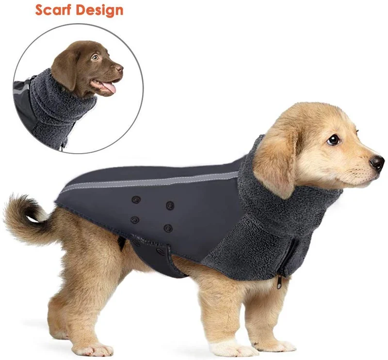 SlowTon - Abrigo de invierno para perro, cálido forro polar para perro, chaqueta exterior con cuello alto y bufanda reflectante, a rayas, ajustable, impermeable, resistente al viento, chaleco suave para cachorros