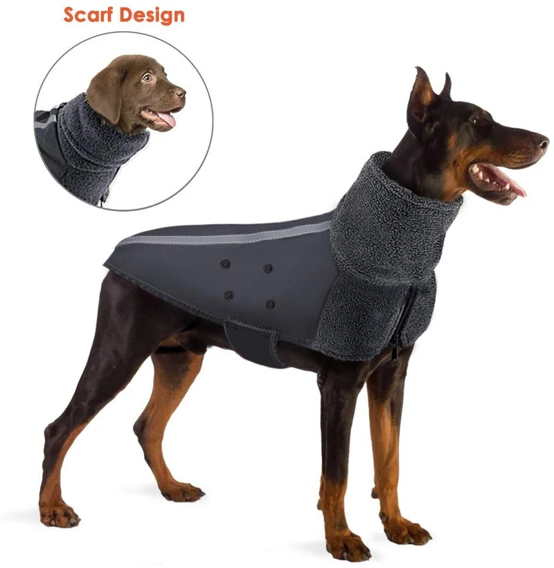SlowTon - Abrigo de invierno para perro, cálido forro polar para perro, chaqueta exterior con cuello alto y bufanda reflectante, a rayas, ajustable, impermeable, resistente al viento, chaleco suave para cachorros