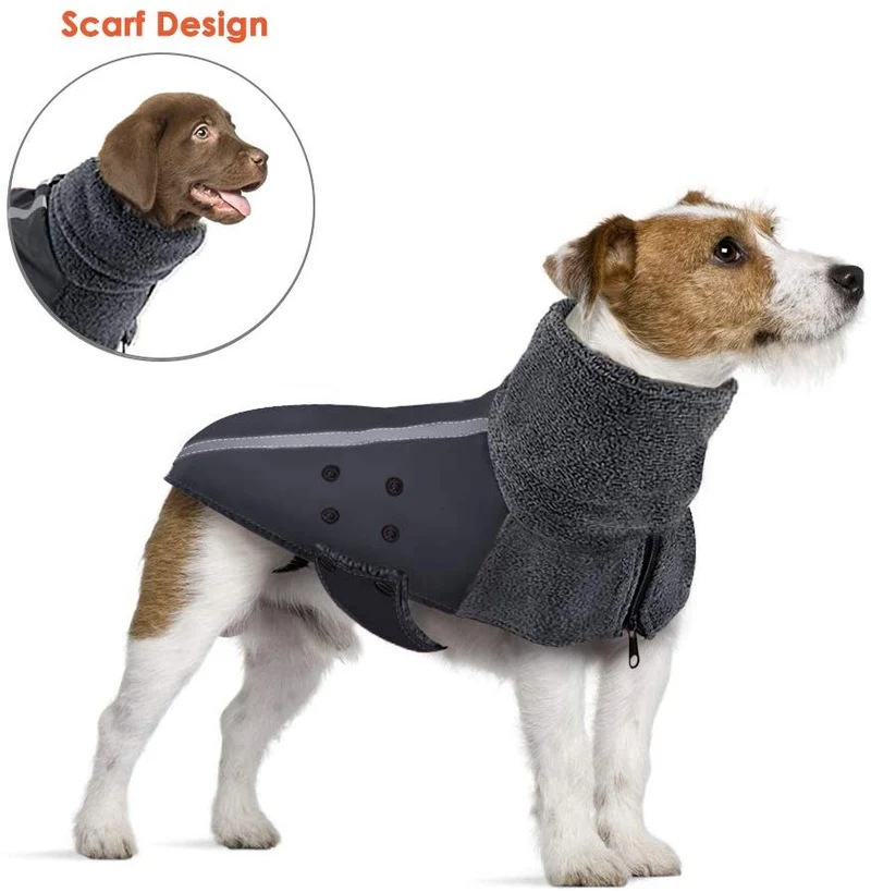 SlowTon - Abrigo de invierno para perro, cálido forro polar para perro, chaqueta exterior con cuello alto y bufanda reflectante, a rayas, ajustable, impermeable, resistente al viento, chaleco suave para cachorros
