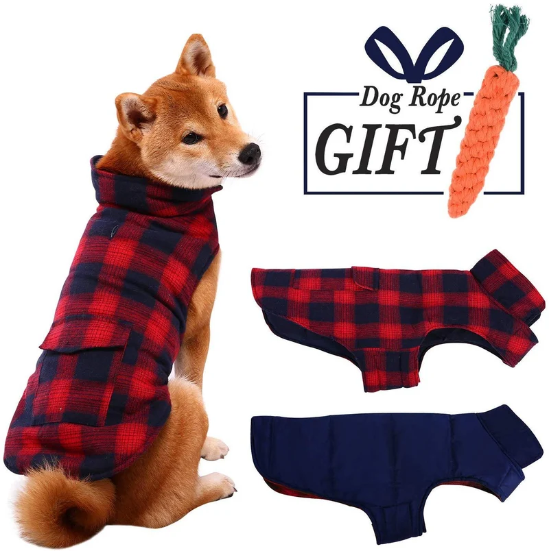 Abrigo para perro ESOEM para mascotas, abrigo, cálido, acogedor, impermeable y resistente al viento, reversible, para perros, ropa exterior con juguetes de masticar de zanahoria para perros pequeños, medianos y grandes