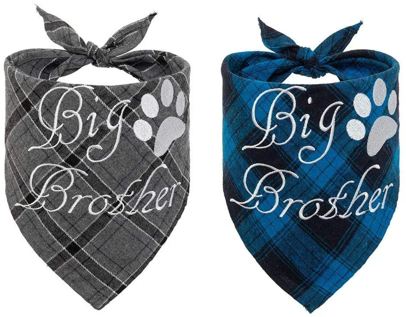 Pañuelo bandana para perro a cuadros EXPAWLORER – 2 piezas bordado de Big Brother lavable algodón triángulo accesorios para perros pequeños, medianos, grandes, cachorros, mascotas, azul y gris