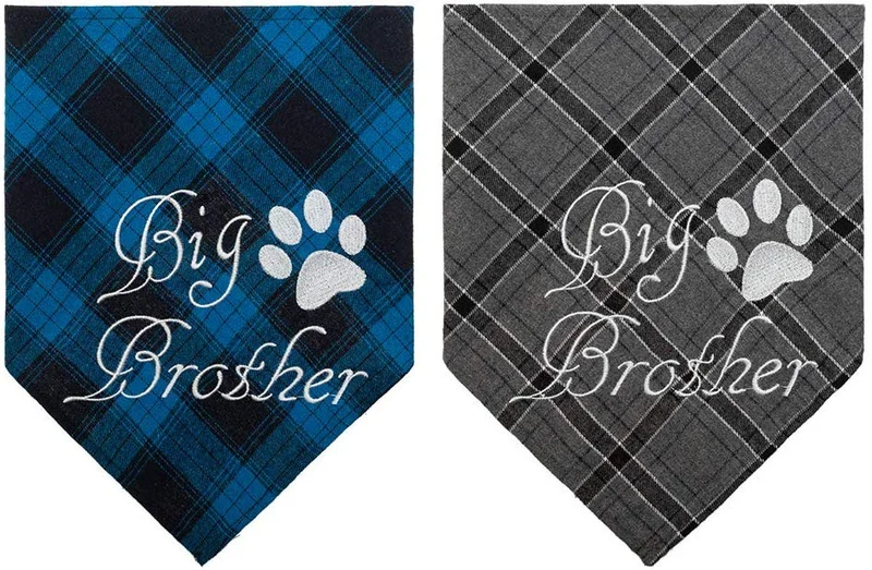 Pañuelo bandana para perro a cuadros EXPAWLORER – 2 piezas bordado de Big Brother lavable algodón triángulo accesorios para perros pequeños, medianos, grandes, cachorros, mascotas, azul y gris