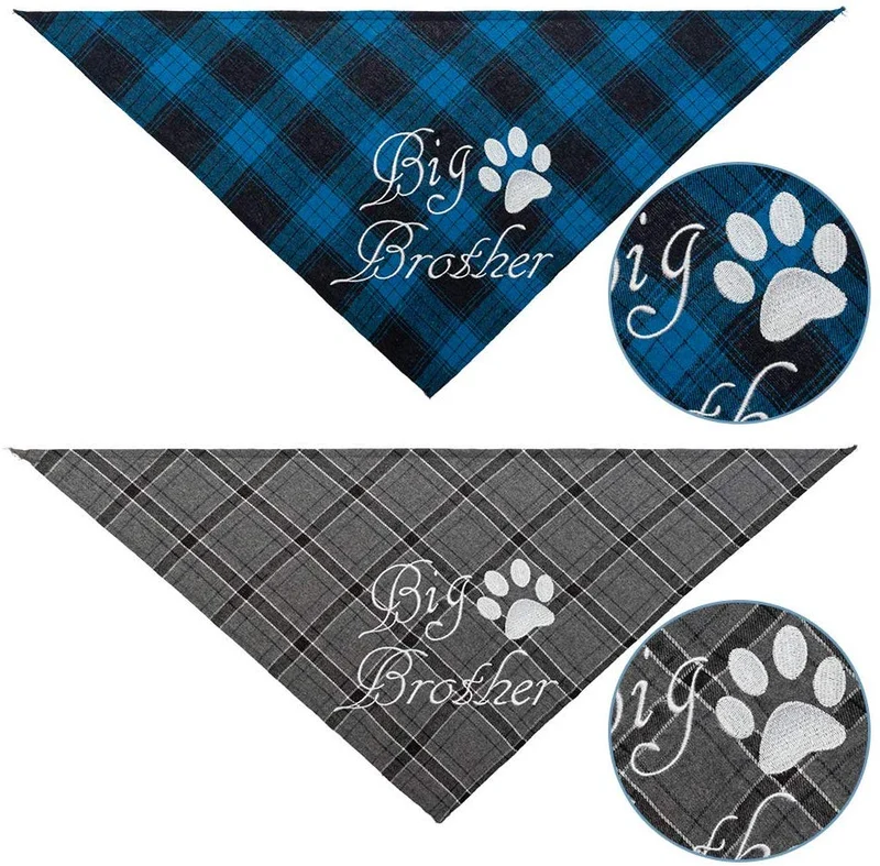 Pañuelo bandana para perro a cuadros EXPAWLORER – 2 piezas bordado de Big Brother lavable algodón triángulo accesorios para perros pequeños, medianos, grandes, cachorros, mascotas, azul y gris