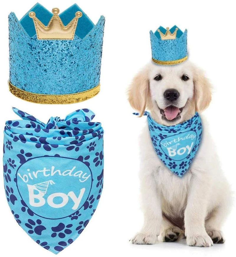 Expawler - Bandana con gorro de corona para perro, diseño de triángulo y gorro para mascotas, color azul