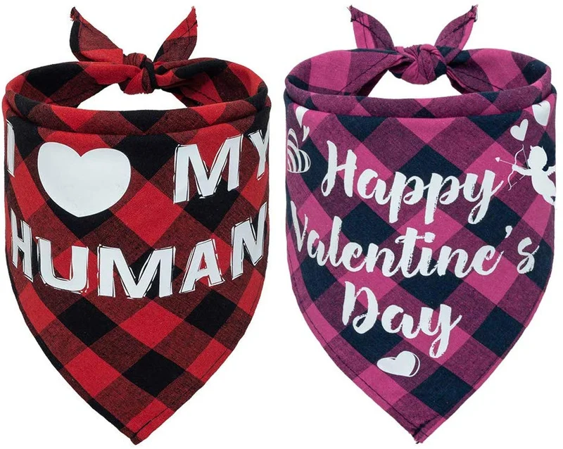 PUPTECK Valentine's Day Dog Bandana - 2 Pack Sweet Plaid Triangle Bibs Scarf Accessories for Dogs Cats Pets, I Love My Human, Happy Valentine's Day, Super Soft Scarf, Red and Pink
