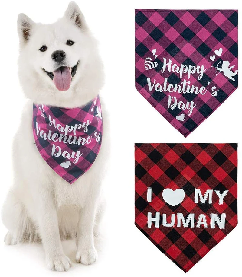 PUPTECK Valentine's Day Dog Bandana - 2 Pack Sweet Plaid Triangle Bibs Scarf Accessories for Dogs Cats Pets, I Love My Human, Happy Valentine's Day, Super Soft Scarf, Red and Pink