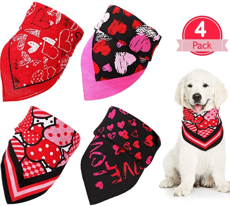 SATINIOR - 4 pañuelos de algodón para perros y gatos, diseño de corazón, lavable en triángulo