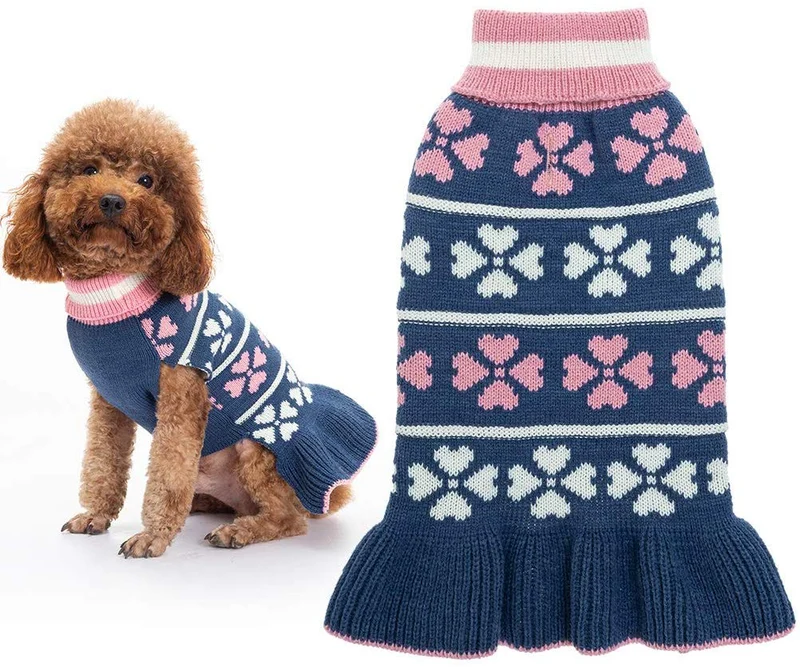 KOOLTAIL Dog Sweater Dress Turtleneck Winter Clothes - Warm Girl Dogs Coat Beautiful Love Heart Pattern Valentine's Day Knit Ugly Sweater with Leash Hole for Dogs Puppy Cat