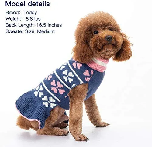 KOOLTAIL Dog Sweater Dress Turtleneck Winter Clothes - Warm Girl Dogs Coat Beautiful Love Heart Pattern Valentine's Day Knit Ugly Sweater with Leash Hole for Dogs Puppy Cat