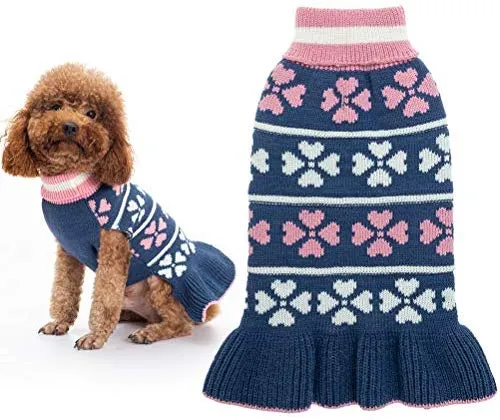 KOOLTAIL Dog Sweater Dress Turtleneck Winter Clothes - Warm Girl Dogs Coat Beautiful Love Heart Pattern Valentine's Day Knit Ugly Sweater with Leash Hole for Dogs Puppy Cat
