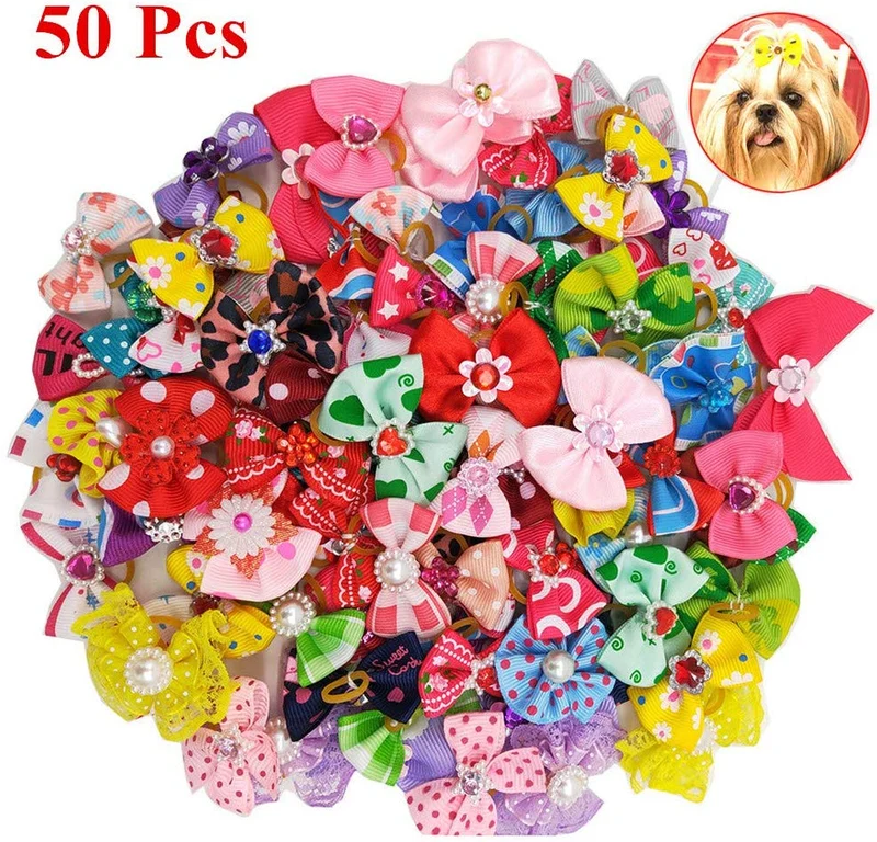 POPETPOP 50 lazos para perro con bandas de goma, para mascotas, gatos, perros, lazos para el pelo, cuentas de diamantes de imitación, flores, topknot cachorros (color mixto)