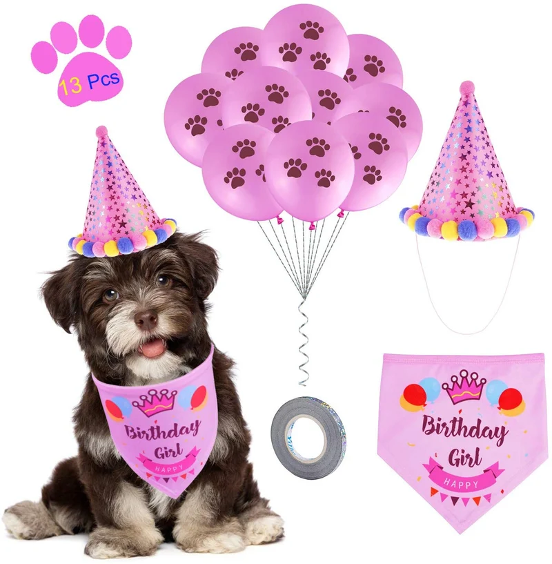 D-buy - Juego de 13 pañuelos para fiesta de cumpleaños de perro, bandana, gorro de fiesta de cumpleaños, 10 globos de huellas y un rollo de cinta de plata de 400 pulgadas, suministros para fiestas de cumpleaños para perros, mascotas