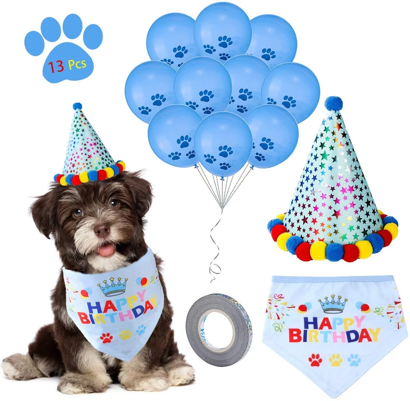 D-buy - Juego de 13 pañuelos para fiesta de cumpleaños de perro, bandana, gorro de fiesta de cumpleaños, 10 globos de huellas y un rollo de cinta de plata de 400 pulgadas, suministros para fiestas de cumpleaños para perros, mascotas