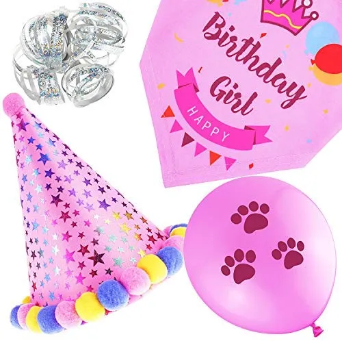 D-buy - Juego de 13 pañuelos para fiesta de cumpleaños de perro, bandana, gorro de fiesta de cumpleaños, 10 globos de huellas y un rollo de cinta de plata de 400 pulgadas, suministros para fiestas de cumpleaños para perros, mascotas