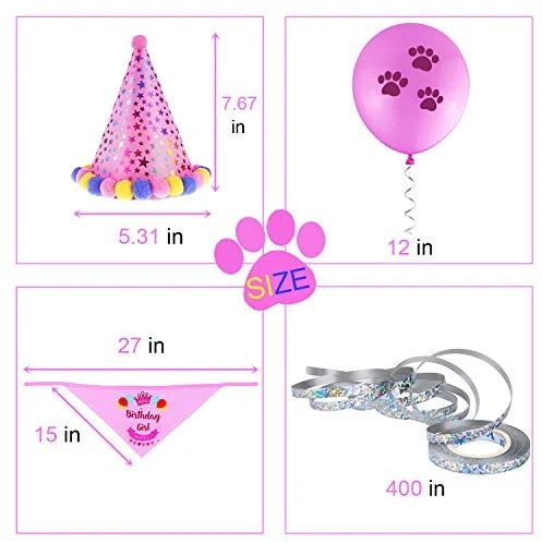 D-buy - Juego de 13 pañuelos para fiesta de cumpleaños de perro, bandana, gorro de fiesta de cumpleaños, 10 globos de huellas y un rollo de cinta de plata de 400 pulgadas, suministros para fiestas de cumpleaños para perros, mascotas